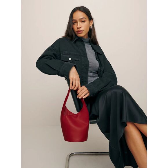 Reformation Small Leather Silvana Bucket Bag - Lipstick Red - Picture 3 of 9